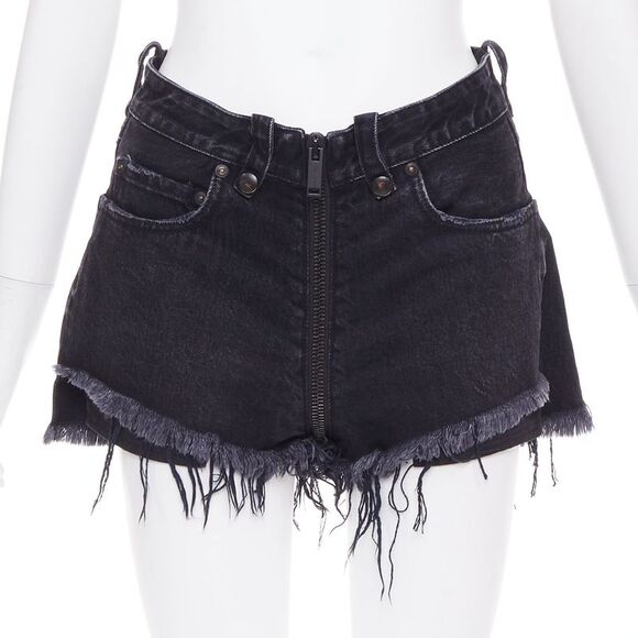 UNRAVEL PROJECT dark blue cotton zip around distressed mini shorts 25" - Picture 1 of 9